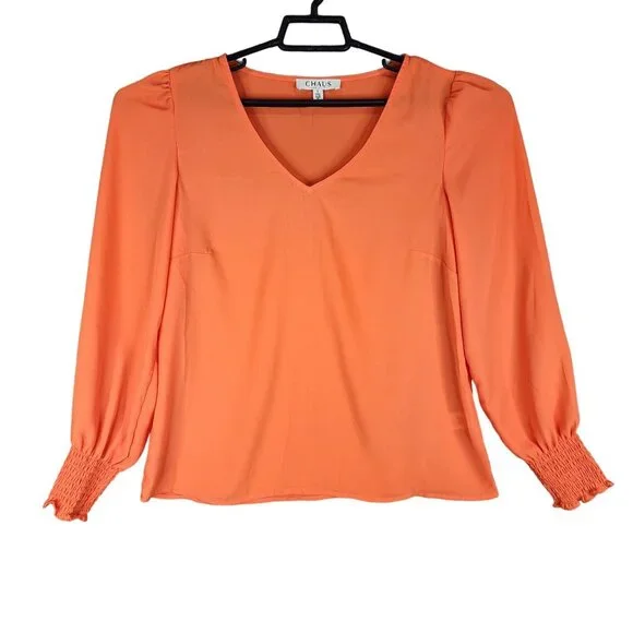 Chaus Tops Womens Chaus Vneck Long Sleeve Blouse Orange